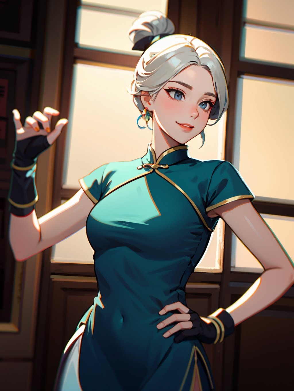 jett (valorant), 3dmm style, (smiled shyly), 1girl, jett, hair twirling, hair tucking, white hair, in bedroom, asian, (masterpiece, best quality, ultra-detailed, best shadow), (beautiful detailed face,), ((cheongsam dress, hold a fan)), chinese style, upper body, medium breasts, fingerless gloves,jett \(valorant\)