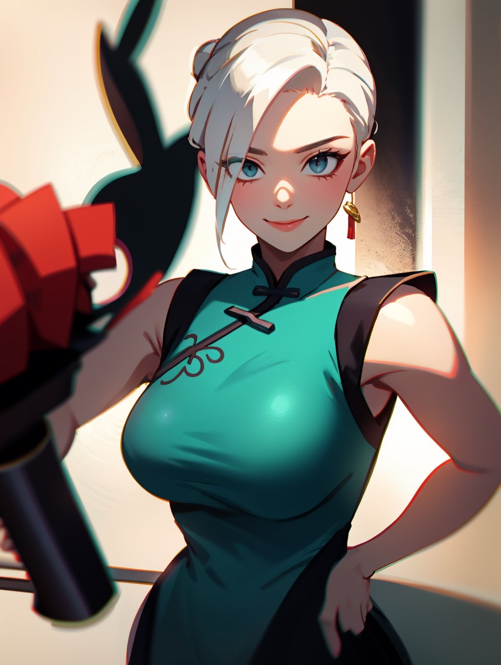 jett (valorant), 3dmm style, (smiled shyly), 1girl, jett, hair twirling, hair tucking, white hair, in bedroom, asian, (masterpiece, best quality, ultra-detailed, best shadow), (beautiful detailed face,), ((cheongsam dress, hold a fan)), chinese style, upper body, medium breasts, fingerless gloves,jett \(valorant\), looking at viewer