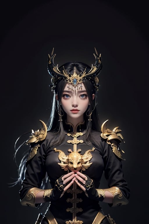 masterpiece, top quality, best quality, official art, A Chinese golden dragon with kind face hovering in the air, golden line, (black theme:1.6), volumetric lighting, ultra-high quality, photorealistic, dark sky background, looked at the audience with an expression of joy and confidence.,more detail XL,nude body,