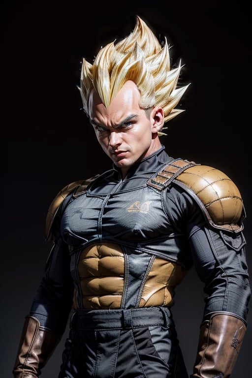 Vegeta black suites, leather_hightech_robotics, high quality, photorealistic, realistic, ((masterpiece)), photostudio, High detailed, leather material in some parts, blurry_light_background, background of the image should be a blend of modern and traditional elements, reflecting the world's unique fusion of ancient and contemporary settings. The atmosphere should capture essence, balancing his calm and cool demeanor with his undeniable strength and wisdom.", photographic super realistic masterpiece 4K HDR quality image, mech4rmor