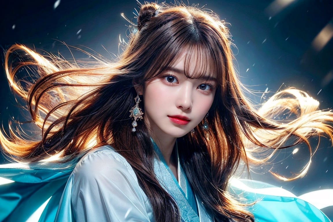 The background is the midnight sky, big blue moon, dark night, falling snow, 16 years old, 1 girl, sword, halo, shiny bracelet, beautiful Hanfu (cyan), cloak, cloth fluttering in the wind, solo, {Beautiful Delicate eyes}, calm expression, natural soft light, delicate facial features, cute Japanese idol, very small earrings, ((model pose)), attractive body shape, (brown hair: 1.2), honeycomb, big bun , very long hair, past hair hips, curly hair, thin grain, real handwork, masterpiece, best quality, photorealistic, super detailed, fine, high resolution, perfect dynamic composition, beautiful detailed eyes, eyes smile , ((nervous and awkward)), sharp focus, sexy pose, cowboy shot, ruanyi0060, close-up,