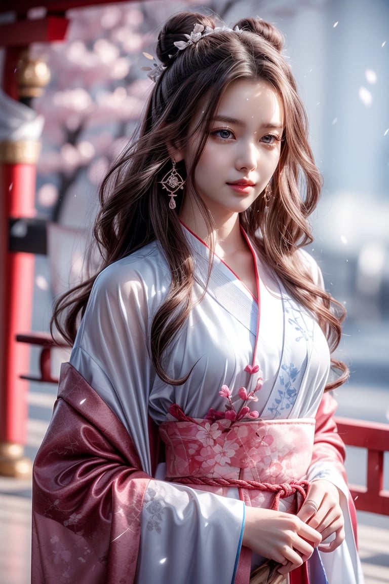 The background is a torii gate, dark night, falling snow, cherry blossoms, 16 years old, 1 girl, sword, halo, shiny bracelet, sexy hanfu, cloak, cloth fluttering in the wind, {beautiful and detailed eyes}, calm expression, natural Soft light, delicate facial features, cute Japanese idol, very small earrings, ((model pose)), attractive body shape, (dark hair: 1.2), honeycomb, big bun, very long hair, curly hair, thin Grain, real handwork, masterpiece, best quality, photorealistic, super detailed, fine, high resolution, perfect dynamic composition, beautiful detailed eyes, eyes smiling, ((nervous and awkward)), sharp focus, sexy standing pose,cowboy shooting,ruanyi0060