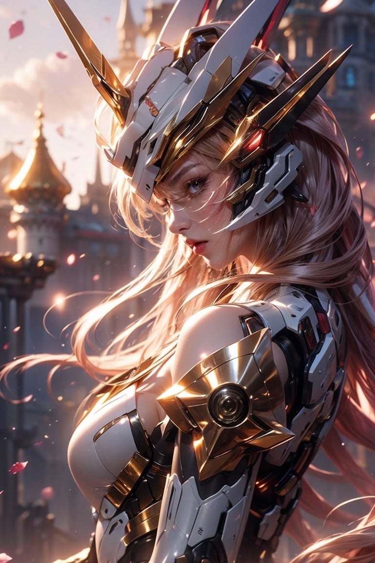 masterpiece, best quality, official art, extremely detailed CG unity 8k wallpaper, highly detailed, absurdres, Panorama, exquisite facial features, prefect face, shiny skin, abstract background, girl, solo, empty eyes, :p, naughty face, long hair, orange hair, big hair, lace trim, bare_shoulders, berserker armor, standing, stare, sunset, castle, Cinematic Lighting