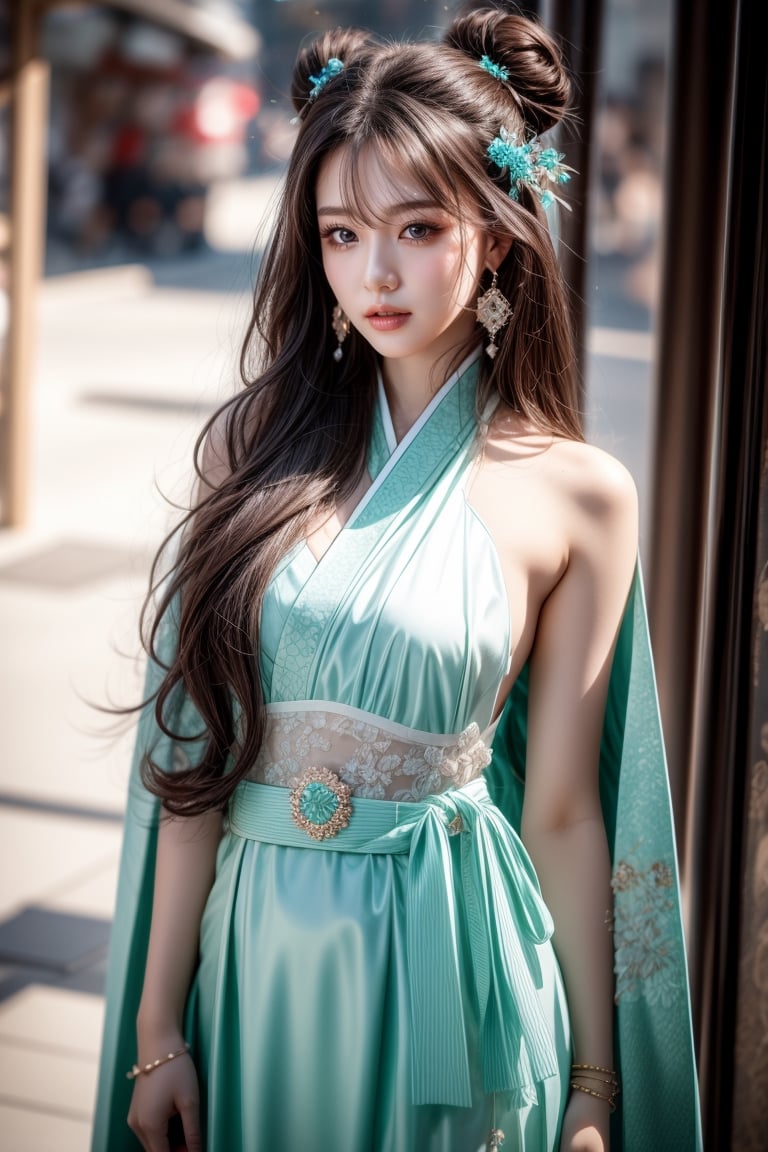 The background is midnight sky,big blue moon,dark night,snow blowing,16 yo, 1 girl,sword,halo,shining bracelet,beautiful hanfu(white, transparent),cape, cloth blowing in wind, solo, {beautiful and detailed eyes}, calm expression, natural and soft light, delicate facial features, cute japanese idol, very small earrings, ((model pose)), Glamor body type, (dark hair:1.2),  beehive,big bun,very_long_hair, hair past hip, curly hair, flim grain, realhands, masterpiece, Best Quality, photorealistic, ultra-detailed, finely detailed, high resolution, perfect dynamic composition, beautiful detailed eyes, eye smile, ((nervous and embarrassed)), sharp-focus, full_body, sexy pose,cowboy_shot,ruanyi0060