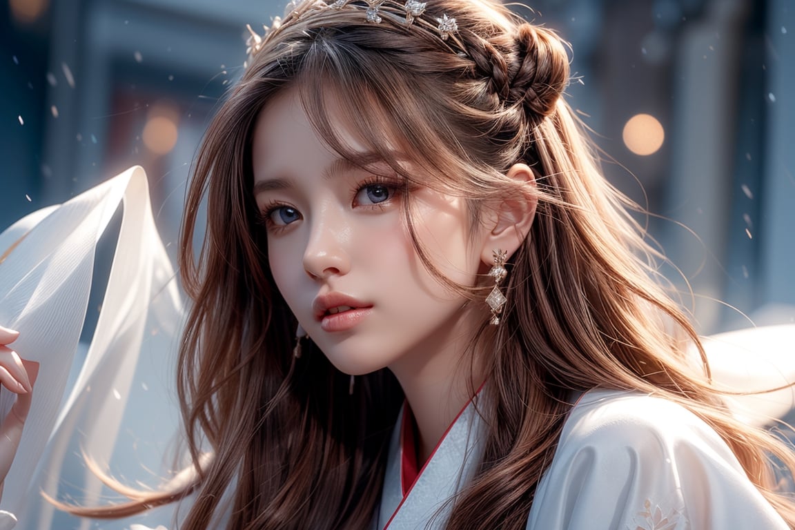 The background is the midnight sky, big blue moon, dark night, falling snow, 16 years old, 1 girl, sword, halo, shiny bracelet, beautiful Hanfu (blue), cloak, cloth fluttering in the wind, solo, { Beautiful and delicate eyes}, calm expression, natural soft light, exquisite facial features, cute Japanese idol, very small earrings, ((model pose)), charming body shape, (brown hair: 1.2), honeycomb, big hair Updo, very long hair, past hair hips, curly hair, thin grain, real handwork, masterpiece, best quality, photorealistic, super detailed, fine, high resolution, perfect dynamic composition, beautiful detailed eyes, eyes smile, ((nervous and embarrassed)), sharp focus, sexy pose, cowboy shot, ruanyi0060, close-up,