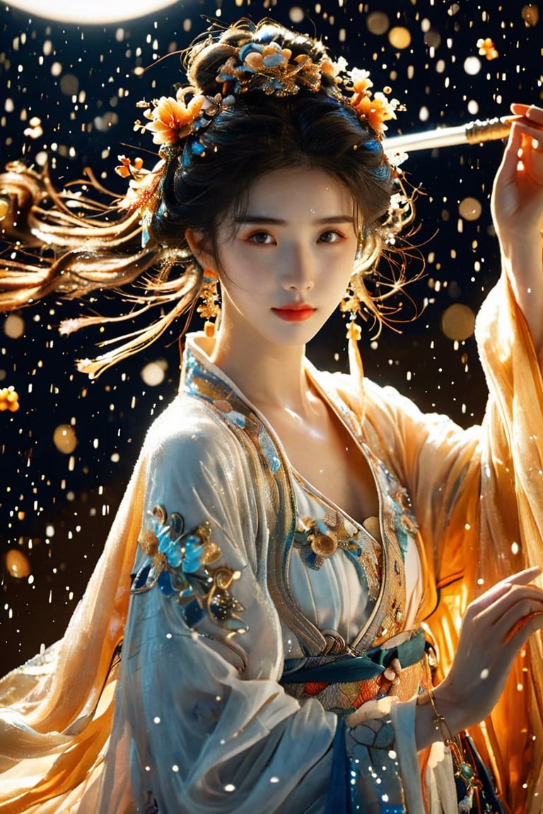 The background is the midnight sky, big blue moon, dark night, falling snow, 16 years old, 1 girl, sword, halo, shiny bracelet, beautiful Dunhuang costume (white, transparent), cloak, cloth fluttering in the wind, solo , {beautiful and delicate eyes}, calm expression, natural soft light, exquisite facial features, cute Japanese idol, very small earrings, ((model pose)), charming body shape, (dark hair: 1.2), honeycomb, Big bun, very long hair, past hair hips, curly hair, thin grain, real handwork, masterpiece, best quality, photorealistic, super detailed, fine, high resolution, perfect dynamic composition, beautiful detailed eyes , eyes smiling, ((nervous and embarrassed)), sharp focus, bare upper body, sexy pose, cowboy shot, ruanyi0060