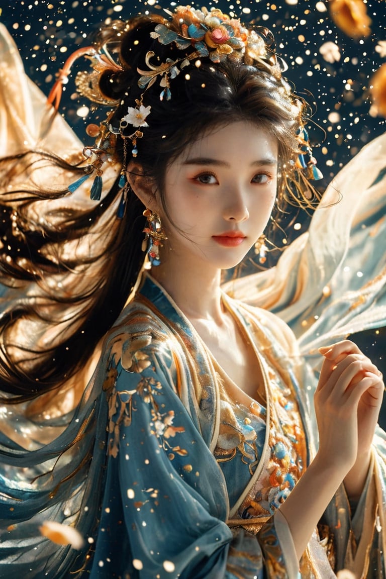 The background is the midnight sky, big blue moon, dark night, falling snow, 16 years old, 1 girl, sword, halo, shiny bracelet, beautiful Dunhuang costume (white, transparent), cloak, cloth fluttering in the wind, solo , {beautiful and delicate eyes}, calm expression, natural soft light, exquisite facial features, cute Japanese idol, very small earrings, ((model pose)), charming body shape, (dark hair: 1.2), honeycomb, Big bun, very long hair, past hair hips, curly hair, thin grain, real handwork, masterpiece, best quality, photorealistic, super detailed, fine, high resolution, perfect dynamic composition, beautiful detailed eyes , eyes smiling, ((nervous and embarrassed)), sharp focus, bare upper body, sexy pose, cowboy shot, ruanyi0060