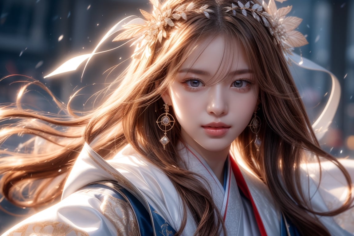 The background is the midnight sky, big blue moon, dark night, falling snow, 16 years old, 1 girl, sword, halo, shiny bracelet, beautiful Hanfu (blue), cloak, cloth fluttering in the wind, solo, { Beautiful and delicate eyes}, calm expression, natural soft light, exquisite facial features, cute Japanese idol, very small earrings, ((model pose)), charming body shape, (brown hair: 1.2), honeycomb, big hair Updo, very long hair, past hair hips, curly hair, thin grain, real handwork, masterpiece, best quality, photorealistic, super detailed, fine, high resolution, perfect dynamic composition, beautiful detailed eyes, eyes smile, ((nervous and embarrassed)), sharp focus, sexy pose, cowboy shot, ruanyi0060, close-up,