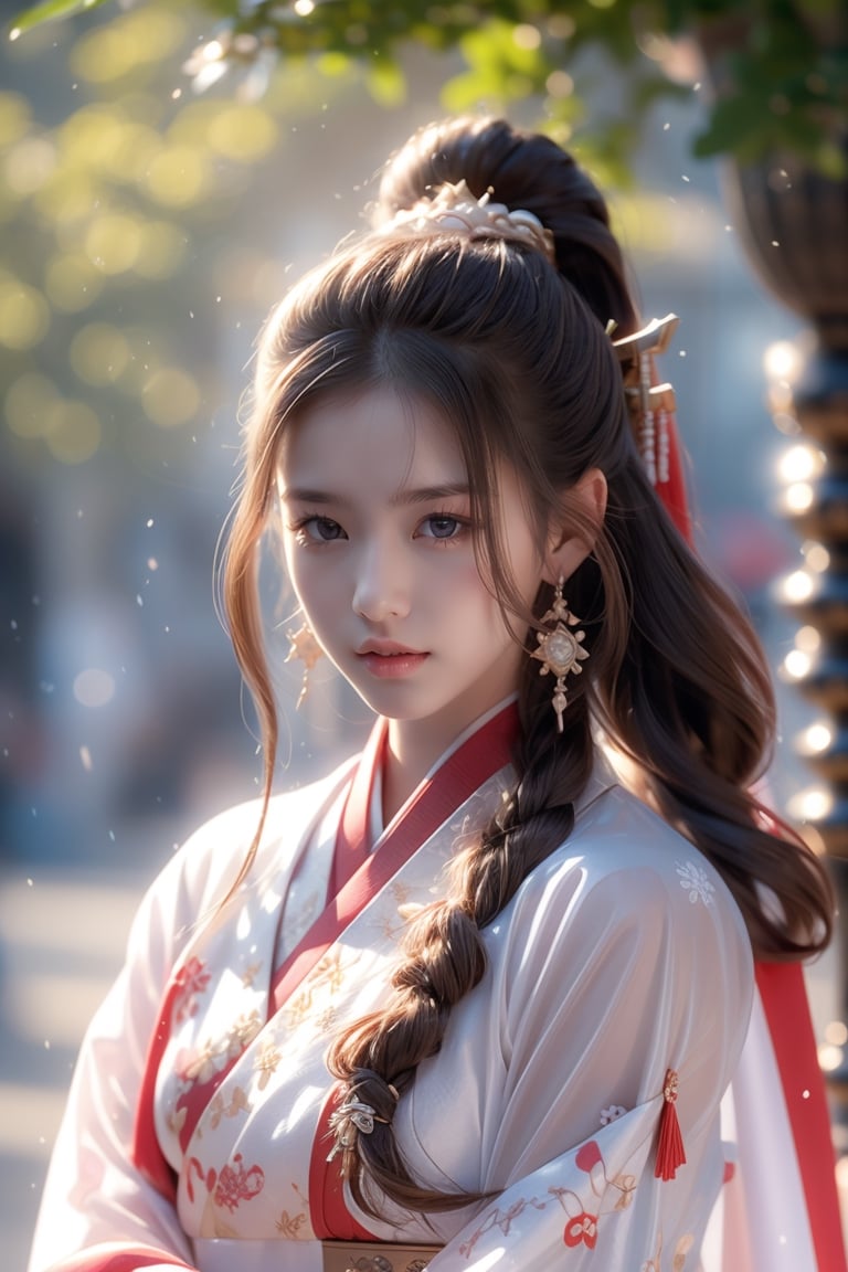 The background is winter,snowy garden,16 yo, 1 girl,beautiful girl,Female Samurai, Holding a Japanese Sword, shining bracelet,beautiful hanfu(white, transparent),cape, solo, {beautiful and detailed eyes}, calm expression, natural and soft light, delicate facial features,very small earrings, ((model pose)), Glamor body type, (dark hair:1.2),  beehive,long ponytail,very_long_hair, hair past hip, curly hair, flim grain, realhands, masterpiece, Best Quality, photorealistic, ultra-detailed, finely detailed, high resolution, perfect dynamic composition, beautiful detailed eyes, eye smile, ((nervous and embarrassed)), sharp-focus, full_body, sexy pose,cowboy_shot,Samurai girl