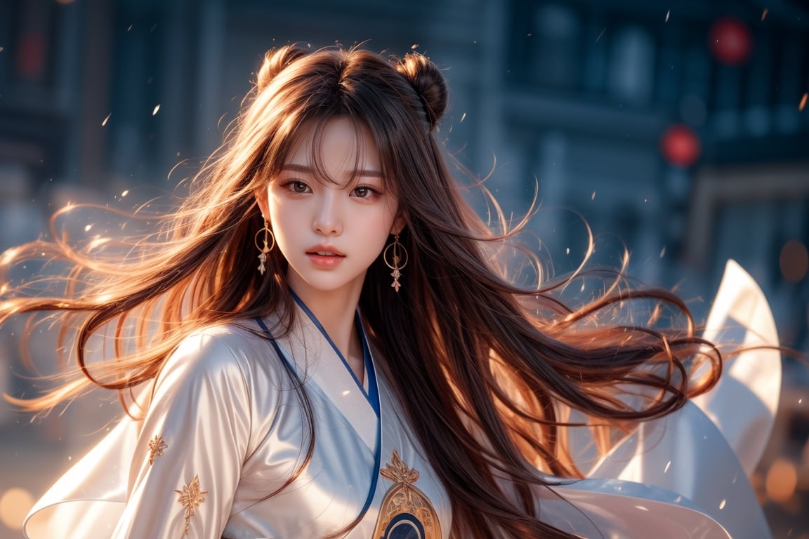 The background is the midnight sky, big blue moon, dark night, falling snow, 16 years old, 1 girl, sword, halo, shiny bracelet, beautiful hanfu (white), cloak, cloth fluttering in the wind, solo, {beautiful Delicate eyes}, calm expression, natural soft light, delicate facial features, cute Japanese idol, very small earrings, ((model pose)), attractive body shape, (dark hair: 1.2), honeycomb, big bun , very long hair, past hair hips, curly hair, thin grain, real handwork, masterpiece, best quality, photorealistic, super detailed, fine, high resolution, perfect dynamic composition, beautiful detailed eyes, eyes smile , ((nervous and awkward)), sharp focus, sexy pose, cowboy shot, ruanyi0060