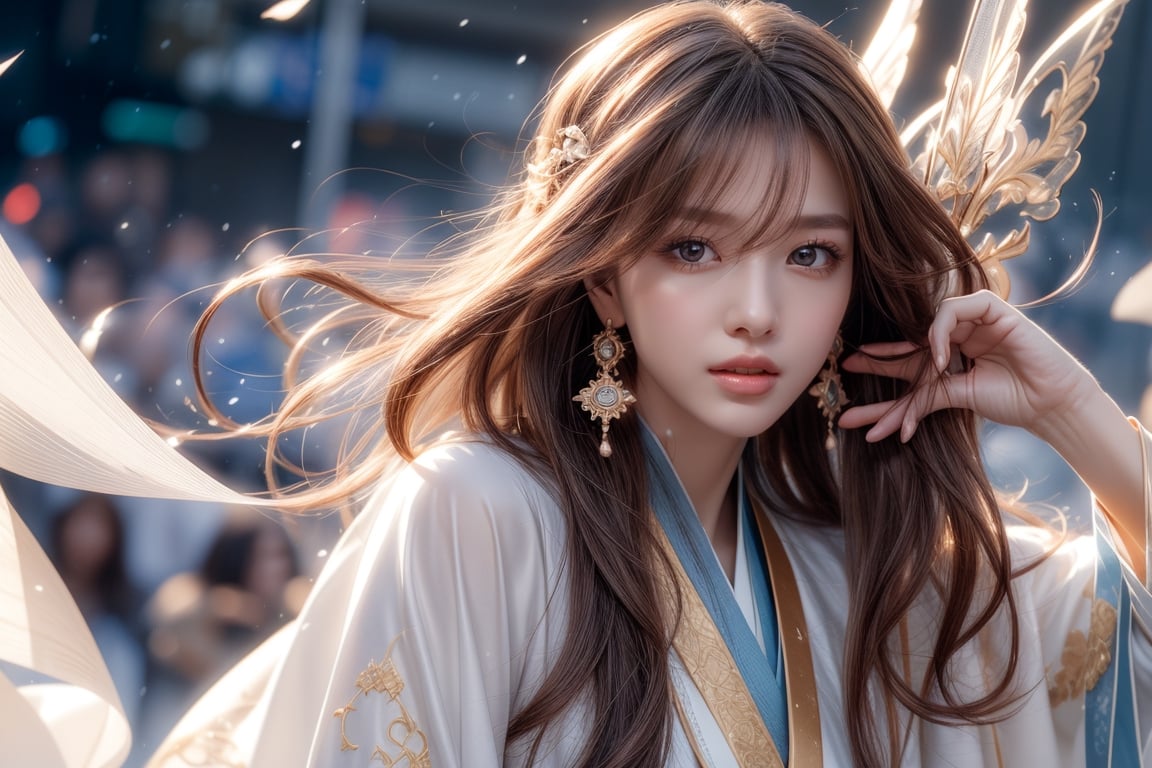 The background is the midnight sky, big blue moon, dark night, falling snow, 16 years old, 1 girl, sword, halo, shiny bracelet, beautiful Hanfu (blue), cloak, cloth fluttering in the wind, solo, { Beautiful and delicate eyes}, calm expression, natural soft light, exquisite facial features, cute Japanese idol, very small earrings, ((model pose)), charming body shape, (brown hair: 1.2), honeycomb, big hair Updo, very long hair, past hair hips, curly hair, thin grain, real handwork, masterpiece, best quality, photorealistic, super detailed, fine, high resolution, perfect dynamic composition, beautiful detailed eyes, eyes smile, ((nervous and embarrassed)), sharp focus, sexy pose, cowboy shot, ruanyi0060, close-up,