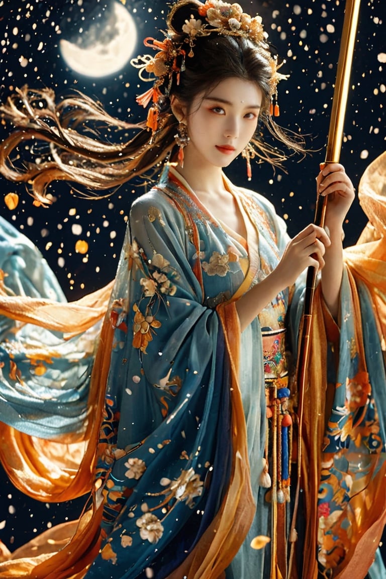 The background is the midnight sky, big blue moon, dark night, falling snow, 16 years old, 1 girl, sword, halo, shiny bracelet, beautiful Dunhuang costume (white, transparent), cloak, cloth fluttering in the wind, solo , {beautiful and delicate eyes}, calm expression, natural soft light, exquisite facial features, cute Japanese idol, very small earrings, ((model pose)), charming body shape, (dark hair: 1.2), honeycomb, Big bun, very long hair, past hair hips, curly hair, thin grain, real handwork, masterpiece, best quality, photorealistic, super detailed, fine, high resolution, perfect dynamic composition, beautiful detailed eyes , eyes smiling, ((nervous and embarrassed)), sharp focus, bare upper body, sexy pose, cowboy shot, ruanyi0060