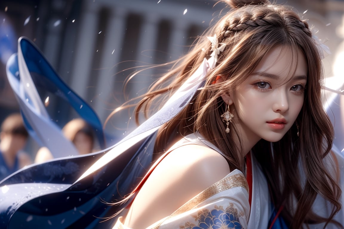 The background is the midnight sky, big blue moon, dark night, falling snow, 16 years old, 1 girl, sword, halo, shiny bracelet, beautiful Hanfu (blue), cloak, cloth fluttering in the wind, solo, { Beautiful and delicate eyes}, calm expression, natural soft light, exquisite facial features, cute Japanese idol, very small earrings, ((model pose)), charming body shape, (brown hair: 1.2), honeycomb, big hair Updo, very long hair, past hair hips, curly hair, thin grain, real handwork, masterpiece, best quality, photorealistic, super detailed, fine, high resolution, perfect dynamic composition, beautiful detailed eyes, eyes smile, ((nervous and embarrassed)), sharp focus, sexy pose, cowboy shot, ruanyi0060, close-up,