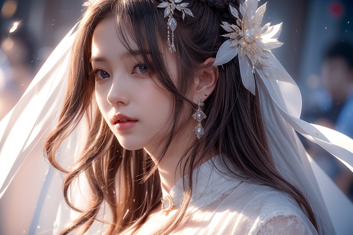 The background is midnight sky,big blue moon,dark night,snow blowing,16 yo, 1 girl,sword,halo,shining bracelet,beautiful hanfu(white, transparent),cape, cloth blowing in wind, solo, {beautiful and detailed eyes}, calm expression, natural and soft light, delicate facial features, cute japanese idol, very small earrings, ((model pose)), Glamor body type, (dark hair:1.2),  beehive,big bun,very_long_hair, hair past hip, curly hair, flim grain, realhands, masterpiece, Best Quality, photorealistic, ultra-detailed, finely detailed, high resolution, perfect dynamic composition, beautiful detailed eyes, eye smile, ((nervous and embarrassed)), sharp-focus, full_body, sexy pose,cowboy_shot,ruanyi0060