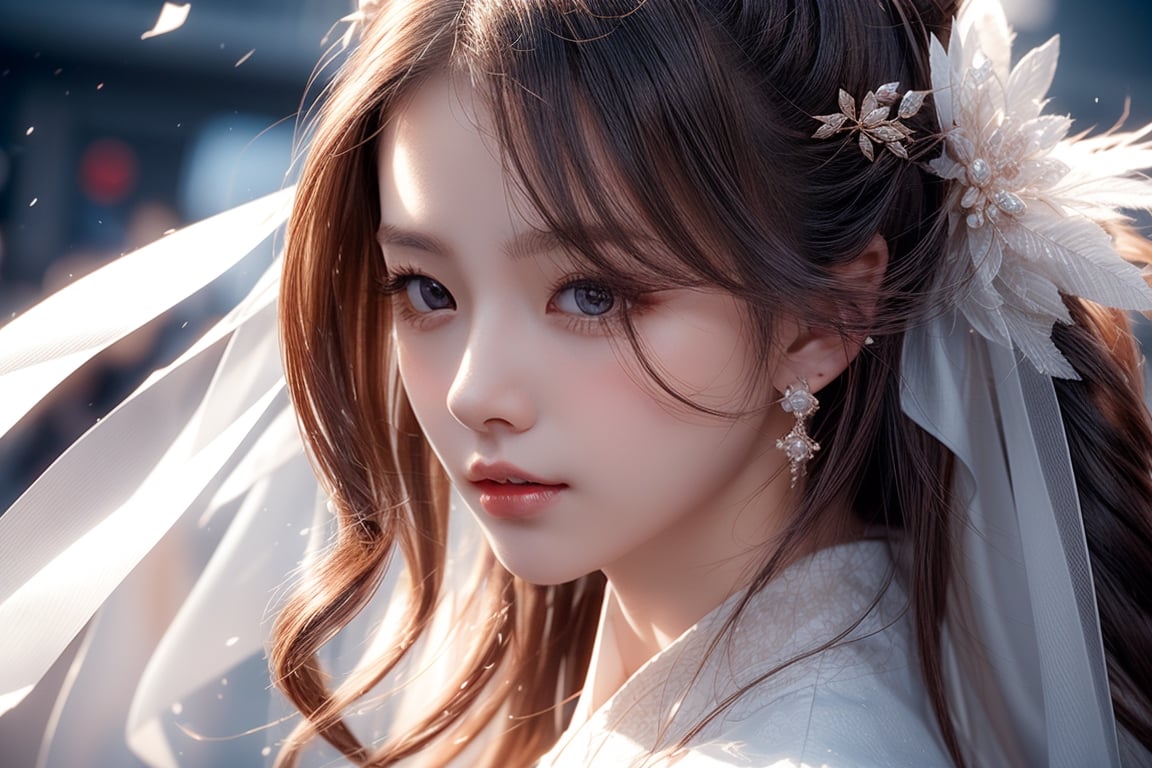 The background is midnight sky,big blue moon,dark night,snow blowing,16 yo, 1 girl,sword,halo,shining bracelet,beautiful hanfu(white, transparent),cape, cloth blowing in wind, solo, {beautiful and detailed eyes}, calm expression, natural and soft light, delicate facial features, cute japanese idol, very small earrings, ((model pose)), Glamor body type, (dark hair:1.2),  beehive,big bun,very_long_hair, hair past hip, curly hair, flim grain, realhands, masterpiece, Best Quality, photorealistic, ultra-detailed, finely detailed, high resolution, perfect dynamic composition, beautiful detailed eyes, eye smile, ((nervous and embarrassed)), sharp-focus, full_body, sexy pose,cowboy_shot,ruanyi0060