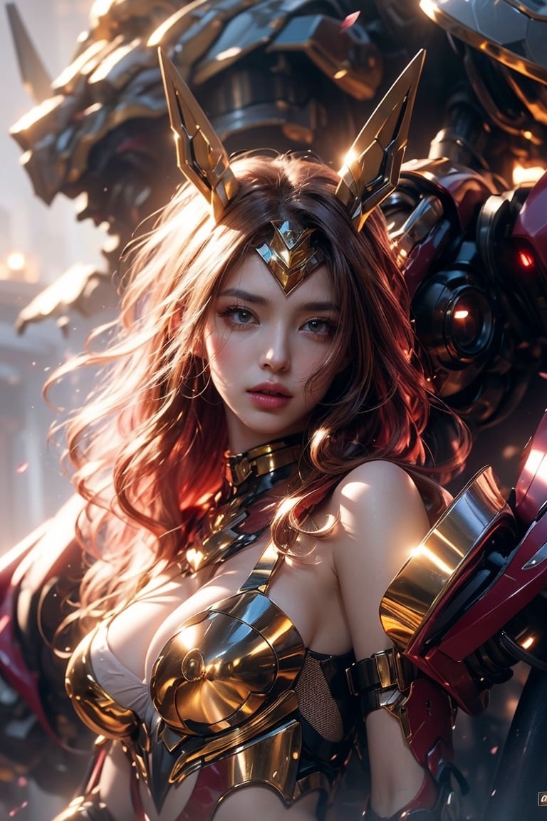 masterpiece, best quality, official art, extremely detailed CG unity 8k wallpaper, highly detailed, absurdres, Panorama, exquisite facial features, prefect face, shiny skin, abstract background, girl, solo, empty eyes, :p, naughty face, long hair, orange hair, big hair, lace trim, bare_shoulders, berserker armor, standing, stare, sunset, castle, Cinematic Lighting