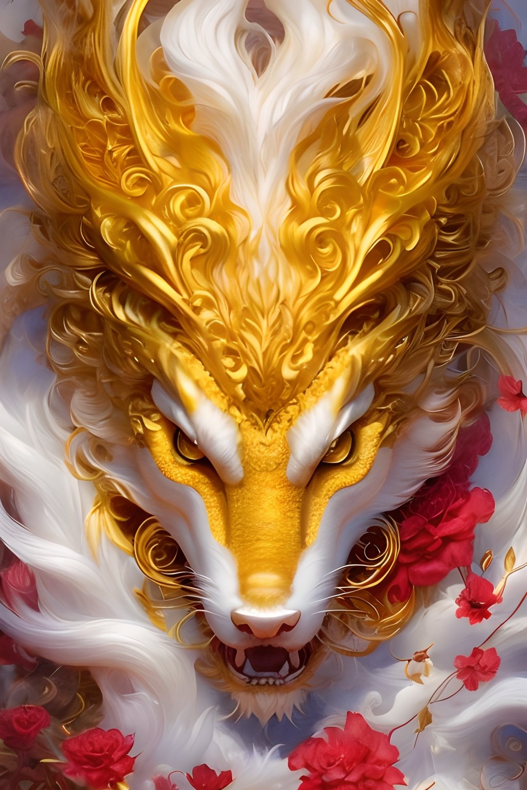 In a fantastical display of artistry, the image depicts a dragon. This mythical creature is showcased in all its glory, with lush fur flowing in vibrant shades of gold, red, and white. The image, reminiscent of an intricate painting, beautifully captures the elegance and mystique of the kitsune. Enhanced by meticulous details, every aspect of the creature is meticulously rendered, from its expressive eyes that seem to hold ancient wisdom, to the intricate patterns etched onto its sleek fur. The image radiates a sense of enchantment, leaving viewers captivated by the extraordinary beauty of this otherworldly being.,dragon