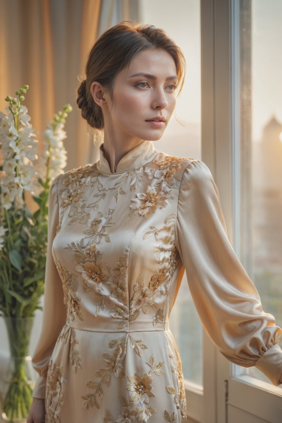 portrait of a woman weared long-sleeve high neck  silk dress near the window, (many flowers:1.2), soft light, golden hour, upper body, hdr, 4k textures, natural skin texture, skin pores, intricate, highly detailed, sharp focus, insane details, intricate details, hyperdetailed, hyperrealistic,