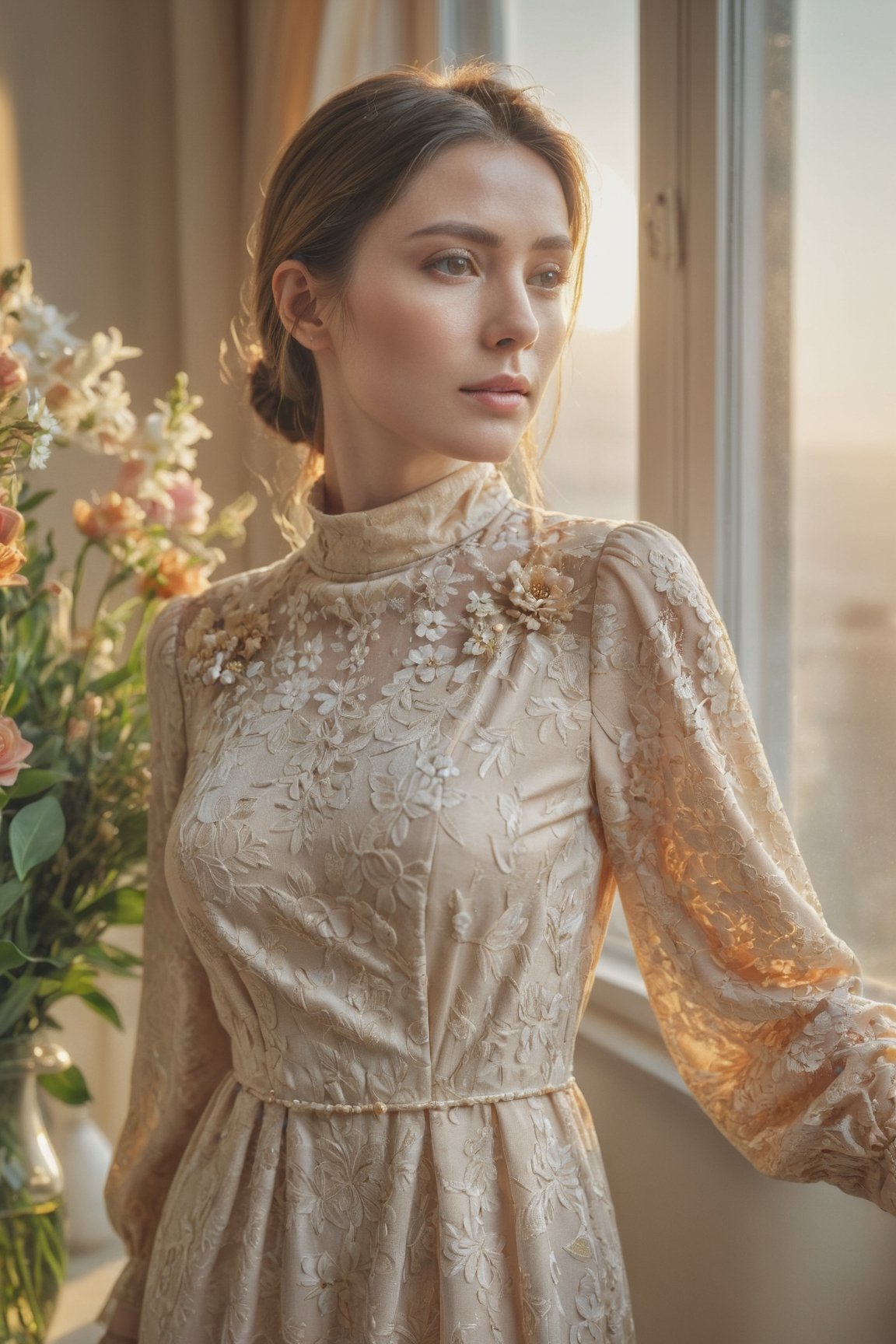 portrait of a woman weared long-sleeve high neck dress near the window, (many flowers:1.2), soft light, golden hour, upper body, hdr, 4k textures, natural skin texture, skin pores, intricate, highly detailed, sharp focus, insane details, intricate details, hyperdetailed, hyperrealistic,