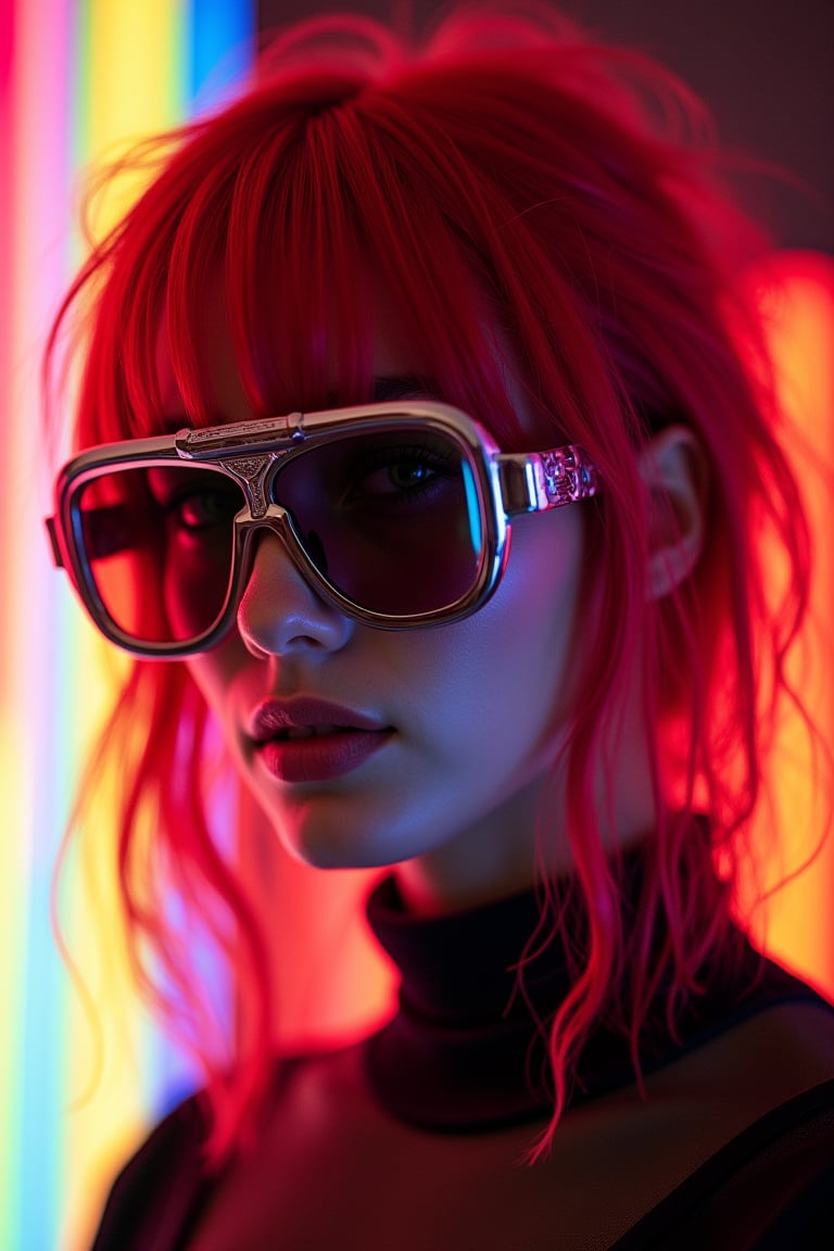 A portrait of an edgy model with red-colored hair, wearing disco glasses and futuristic-looking . She is lit from behind by rainbow-colored light, creating a high-contrast, hyper-realistic photographic effect.