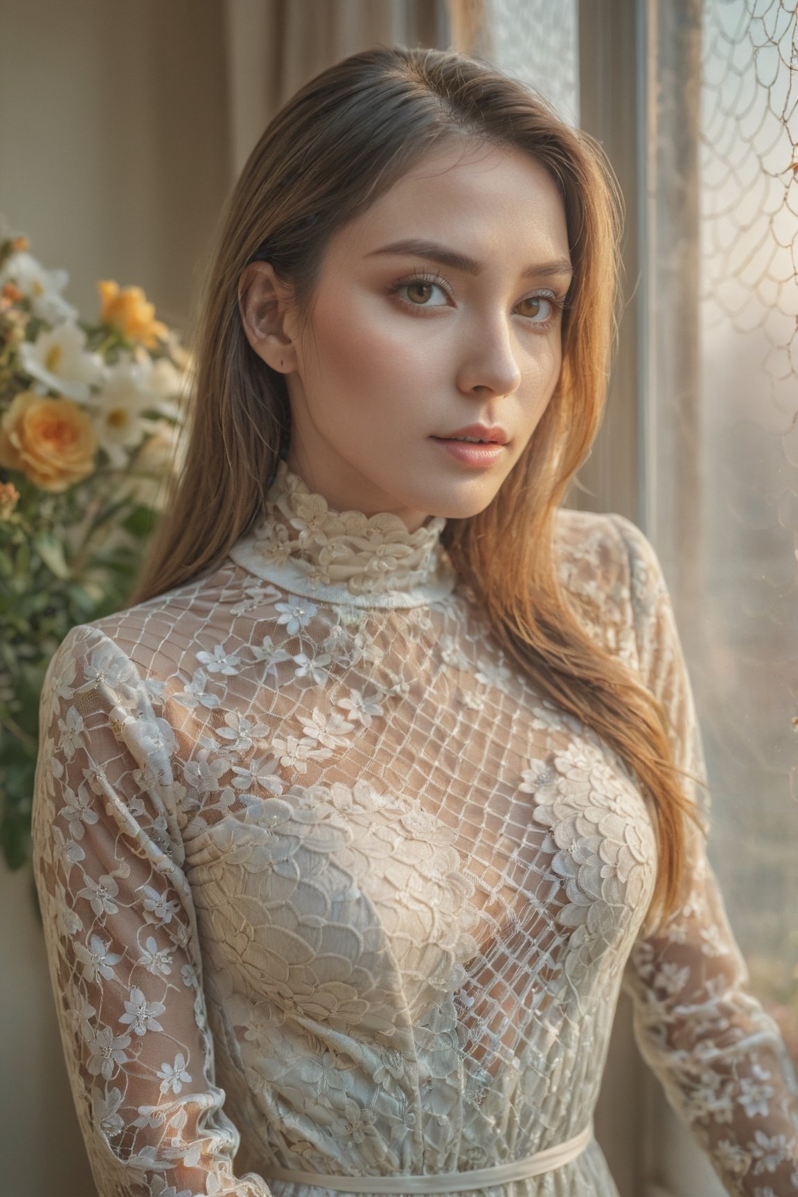 portrait of a woman weared long-sleeve high neck fish net lace dress near the window,looking at camera, (many flowers:1.2), soft light, golden hour, upper body,looking at you, hdr, 4k textures, natural skin texture, skin pores, intricate, highly detailed, sharp focus, insane details, intricate details, hyperdetailed, hyperrealistic,