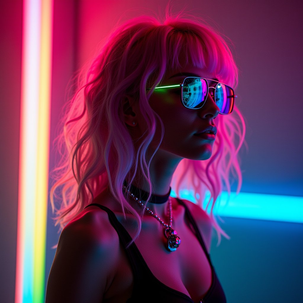 A portrait of an edgy model with neon-colored hair, wearing disco glasses and futuristic-looking . She is lit from behind by rainbow-colored light, creating a high-contrast, hyper-realistic photographic effect.