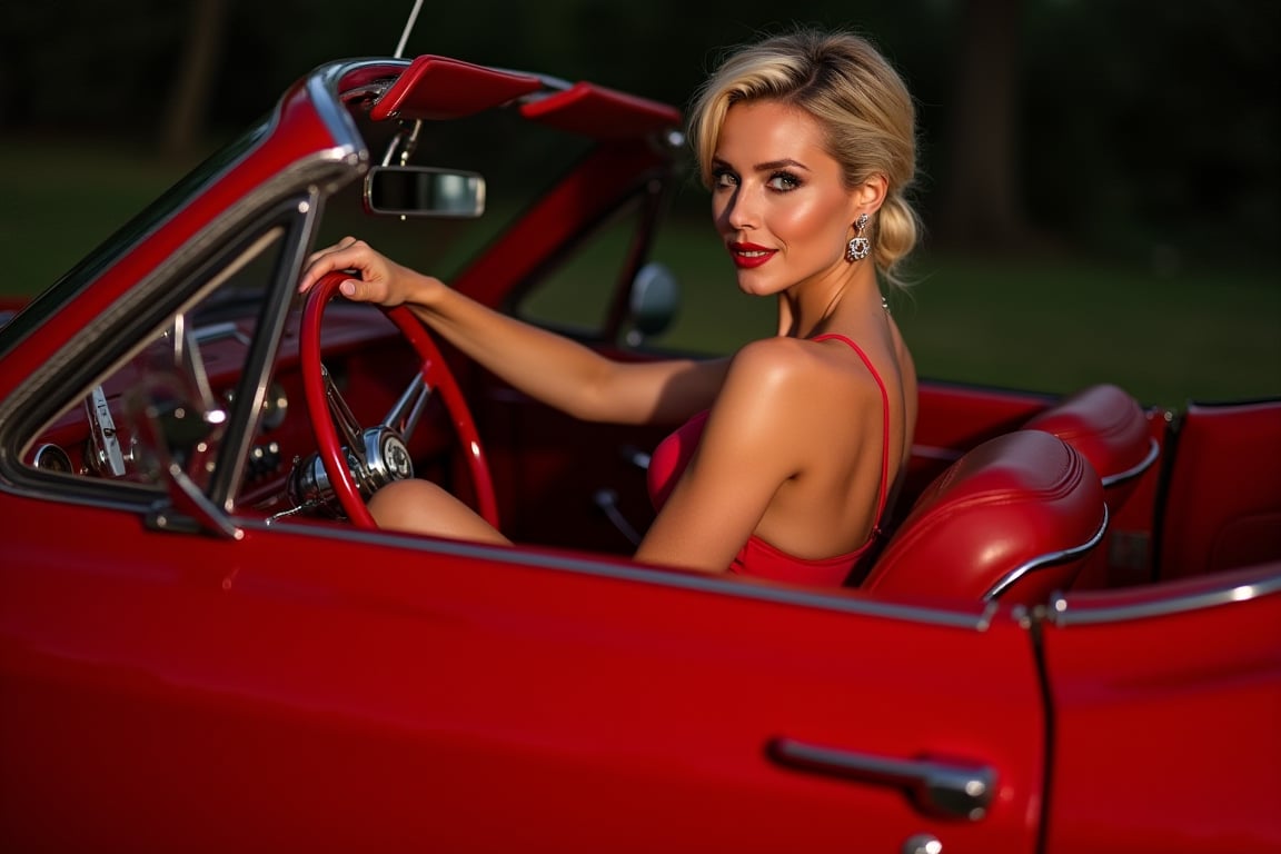 A sultry woman sits confidently behind the wheel of her sleek, crimson convertible, her striking features illuminated by the warm glow of the dashboard lights. Her vibrant red dress hugs her curves, drawing attention to her toned physique as she leans slightly forward, one hand resting on the steering wheel. A sly smile plays on her lips, inviting the viewer in.