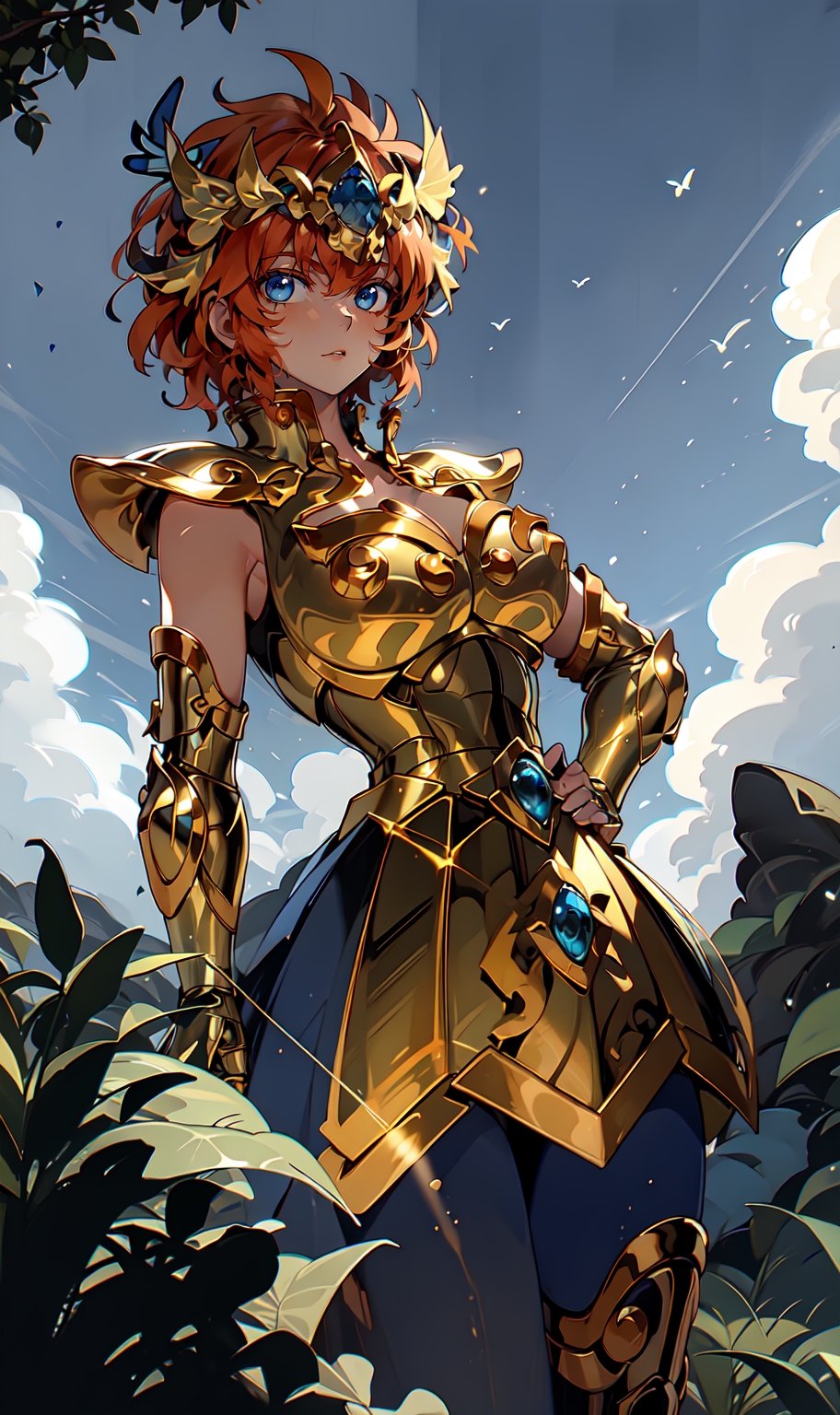 masterpiece, best quality, 1girl, solo, large breasts, no panties, bare arms, outdoors, blue sky, standing, cowboy shot, hand on hip, cleavage cutout, leoarmor, golden armor, helmet, leoarmor, short hair, bangs, blue eyes, hair ornament, long_hair , redhead hair, blunt bangs, two side up, butterfly hair ornament,
,leoarmor, legendary sword, bright eyes