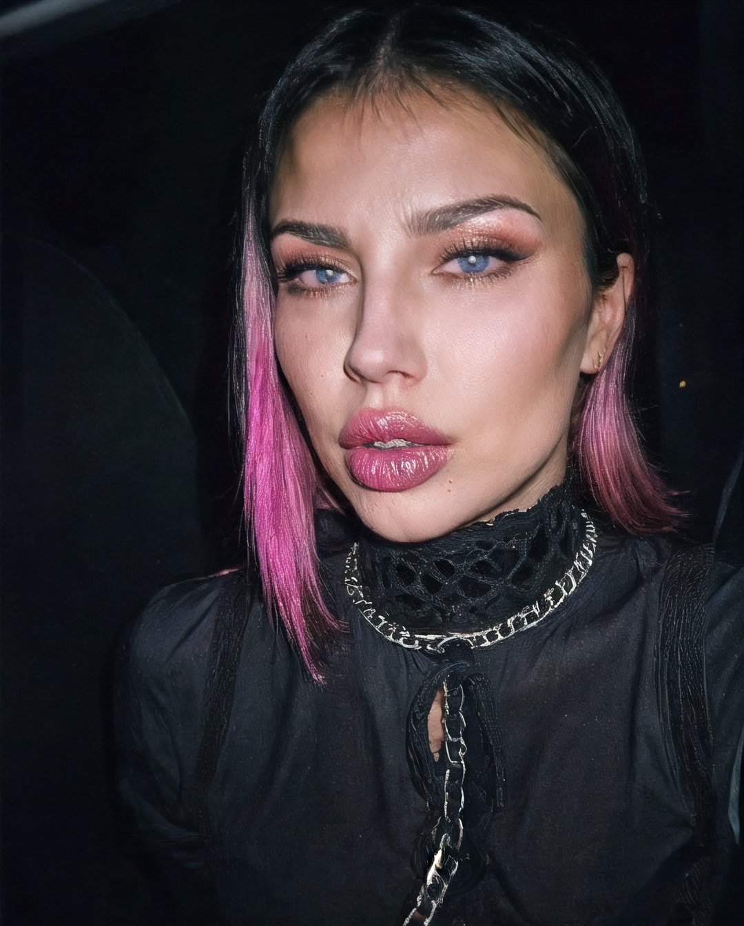 Gothic makeup, sensual slim pink hair Russian girl looking guilty, purple big wet glossy lips, in an open black tight shirt, chains and laces around her neck