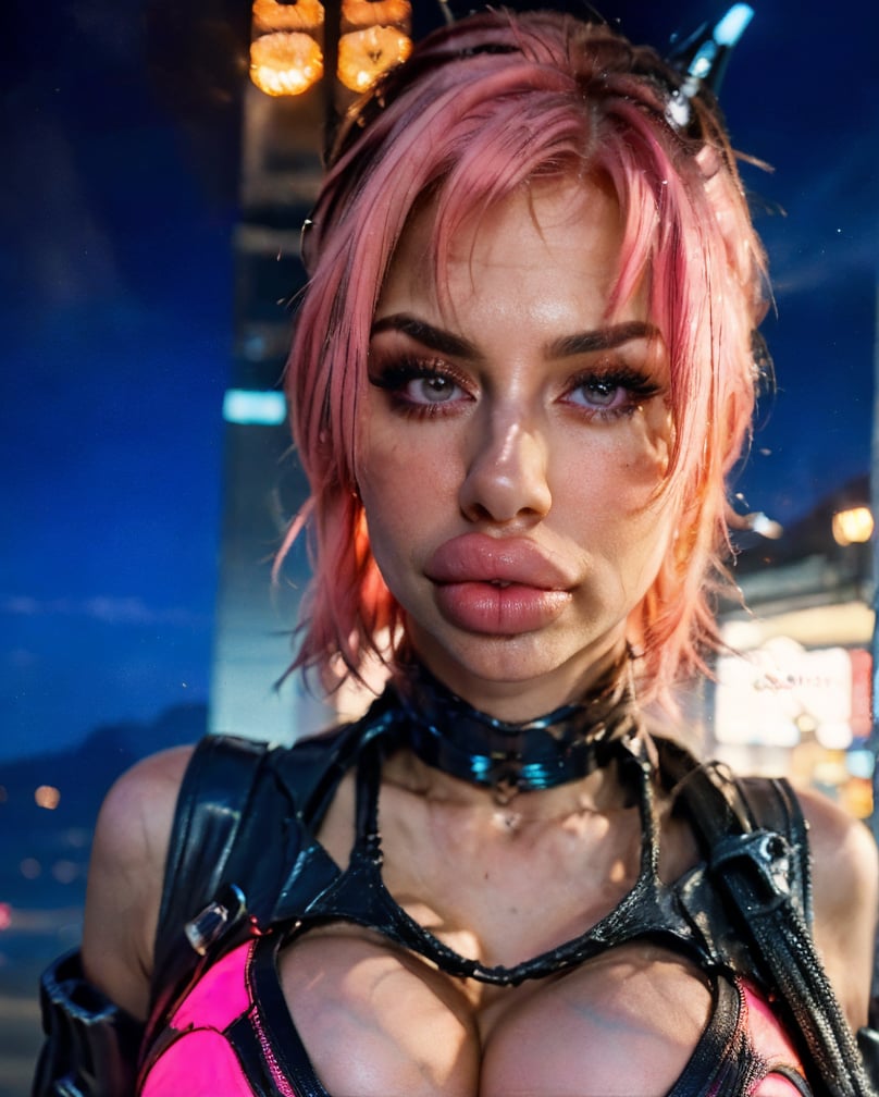 (4k, photorealistic, high detail) close up portrait of a (very young beautiful girl with pink hair, pouting), detailed skin, (wearing a cleavage Pacific Rim, Final Fantasy xiv, complex cybernetic suit, with many cables and led lights, illuminated circuits on her body)