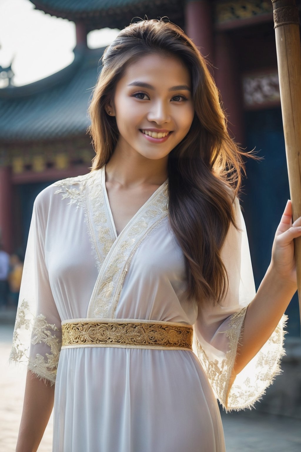 1girl, petite, (((18 years old))), (((nonude))), beautiful realistic short girl, cute girl, 8k masterpiece, ultra-realistic, UHD, highly detailed, best quality,
full_body, flat chest, slim, fitness, fit, abs, bright smile, perfect teeth, selfie, native hair, native eyes, native skin, dynamic pose, 
human, cleric, wearing a sheer see through cleric short robe, small breast Boots that are gold lace and trim, mythical Holy symbol
Ancestry china