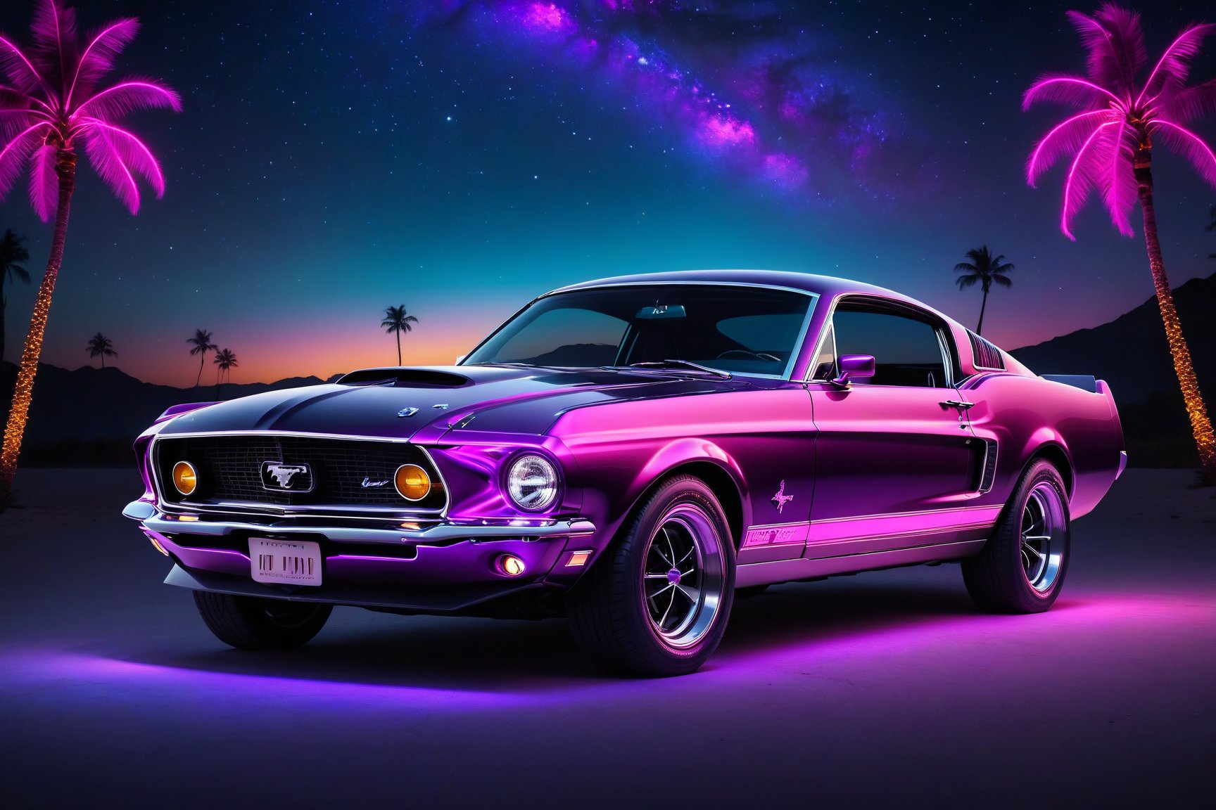 A neon-lit Ford Mustang 1967, gleaming in shades of pink and purple, emerges from the darkness, its sleek form silhouetted against a starry night sky. Palm trees sway gently in the breeze as the iconic muscle car comes into view, its black exterior glistening with an otherworldly sheen. The camera captures the Mustang's profile from below, highlighting its powerful lines and retro-futuristic charm amidst the tranquil beachside atmosphere, evoking the nostalgic essence of 80's synthwave.