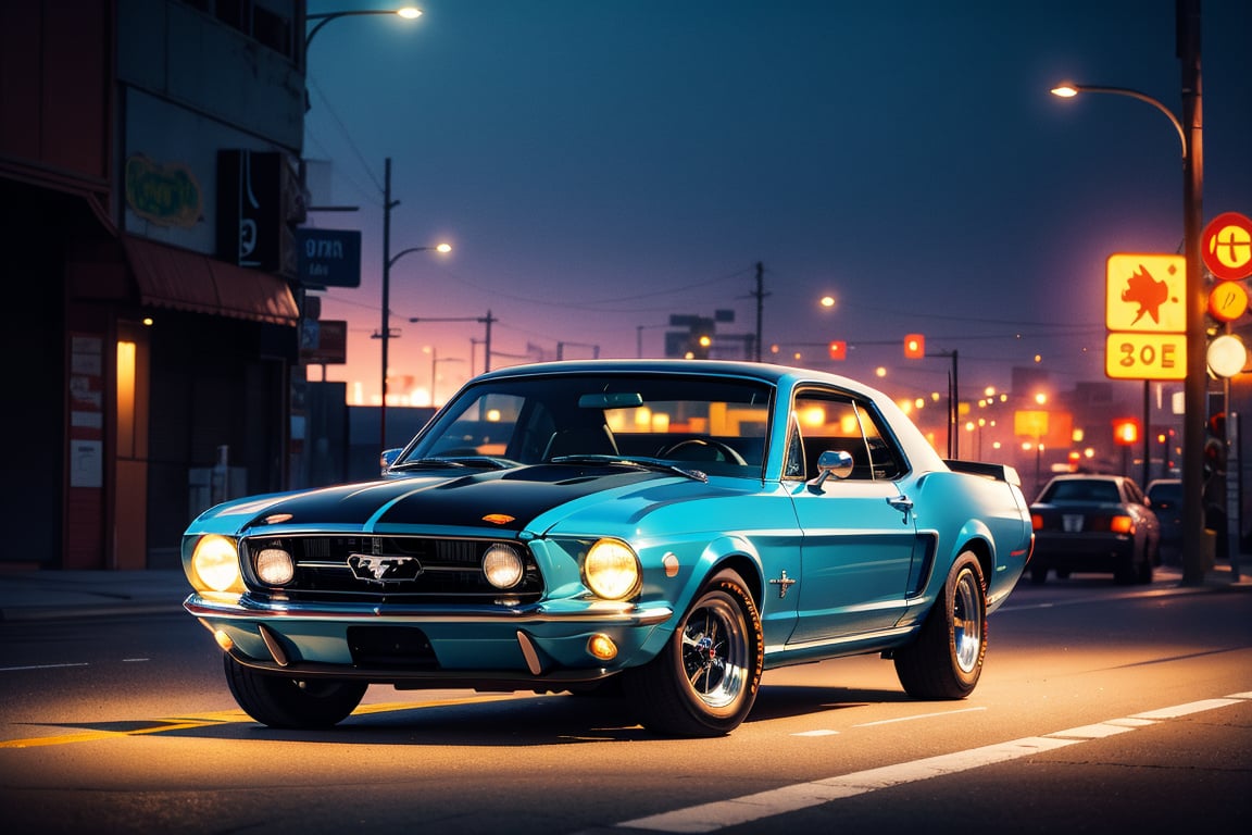 A sleek 1967 Ford Mustang, bathed in warm retro lighting, navigates the neon-drenched highway at dusk. Headlights cast a nostalgic glow on the fog-shrouded cityscape, where smog hangs heavy like a veil of mystery. The vehicle glides effortlessly as dreamy synthwave beats pulse through the retrowave background, capturing the essence of a bygone era. retro artstyle, 