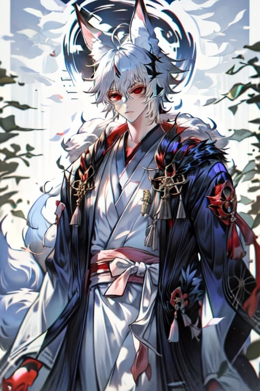 Japanese style, white kimono, white hair, red eyes, teenage male, fox ears, fox tail, fluffy tail, short hair, glowing, refined