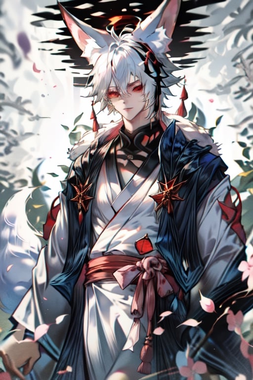 Japanese style, white kimono, white hair, red eyes, teenage male, fox ears, fox tail, fluffy tail, short hair, glowing, refined