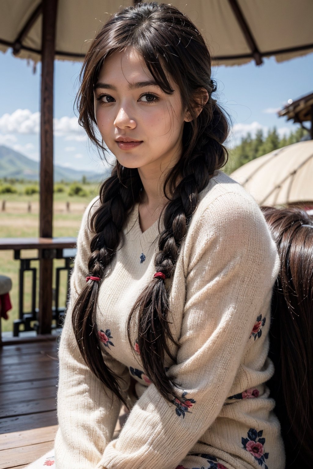 a beautiful traditional ancient portrait of a young attractive asian woman, high resolution image, fair skin, (twin black braided hair), round face, (red rosy cheeks), chubby, plump, female model wearing (traditional tibetan clothing, floral pattern), big breasts, thick arms, female model with a relaxed pose, many mongolian yurts in the steppes, next to a horse in the steppes, Detailedface,realhands,More Detail,BreastPit, warm smile, upper body shot