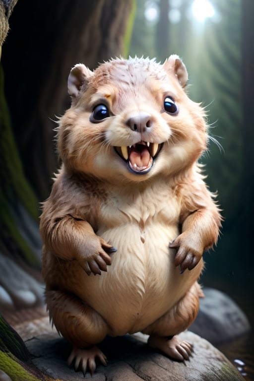 Happy, adorable, beaver, glorious, beautiful, Large Buck teeth, visable beaver tail, chubby