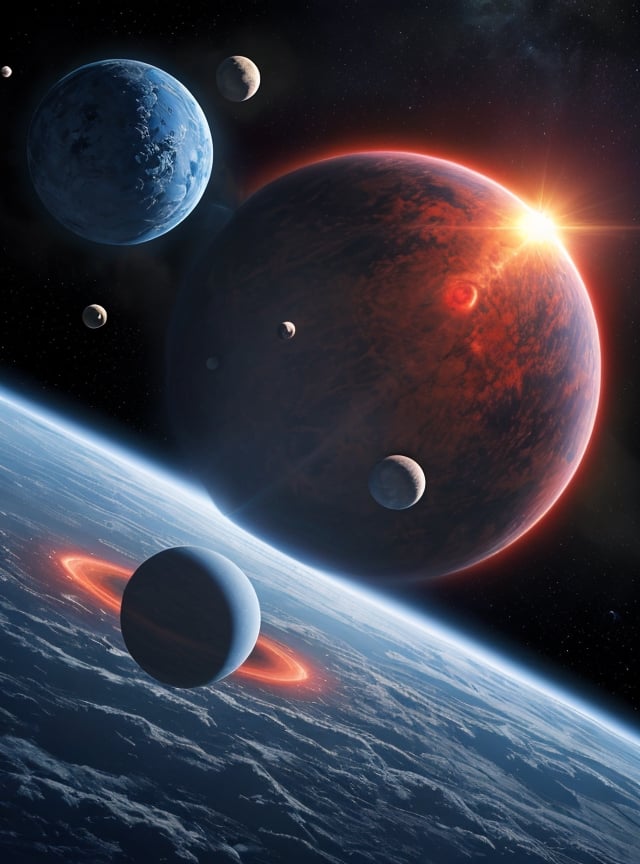 space background, two planets, 1 red and alot bigger, 1 blue and smaller, about to collide