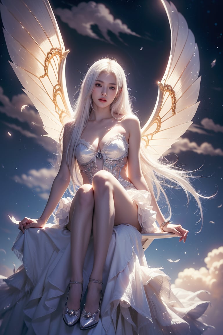 ((best quality)), ((masterpiece)), (detailed), alluring succubus, ethereal beauty,((white hair)),((hime cut))perched on a cloud, (fantasy illustration:1.3), enchanting gaze, captivating pose, delicate wings, otherworldly charm, mystical sky, (Luis Royo:1.2), (Yoshitaka Amano:1.1), moonlit night, soft colors, (detailed cloudscape:1.3), (high-resolution:1.2),Enhance