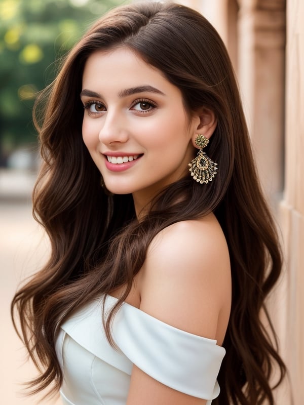 A beautiful girl, long brown hair, (hanging hair over one shoulder:1.2), 20-year old European girl, playful smile, (perfect white teeth, black eyes), (detailed cerulean eyes:1.1), detailed beautiful face and eyes, earings, perfect body,thin legs, wearing a wedding designer lehenga, hotel background background, close-up, best quality, masterpiece, natural soft lighting, front view, ( full body portrait ) photography, 18K, ( standing for a full body portrait ), UHD, hyper-detailed