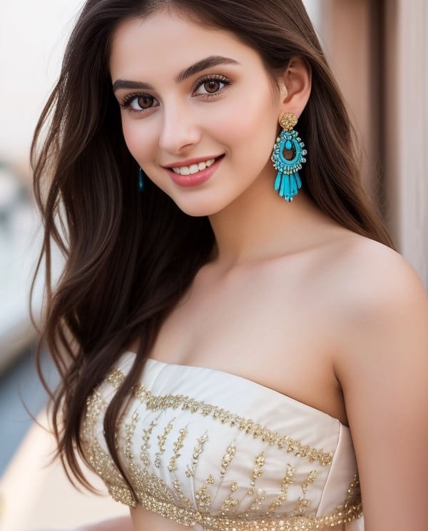 A beautiful girl, long brown hair, (hanging hair over one shoulder:1.2), 20-year old European girl, playful smile, (perfect white teeth, black eyes), (detailed cerulean eyes:1.1), detailed beautiful face and eyes, earings, perfect body,thin legs, wearing a wedding designer lehenga, hotel background background, close-up, best quality, masterpiece, natural soft lighting, front view, ( full body portrait ) photography, 18K, ( standing for a full body portrait with a sexy body pose  ), UHD, hyper-detailed