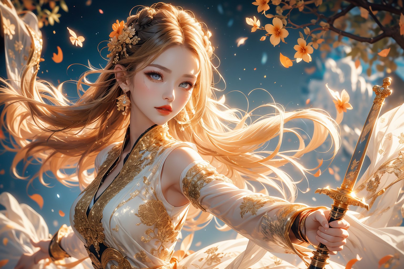 1girl, 23 year old Taiwanese beauty solo, long hair, ((gold hair)), Animation game art style, game CG picture, a girl looks at the camera,  with a graceful and elegant posture, stretching out her right hand to perform mystical arts, , perfect body, perfect legs, white dress, holding, jewelry, upper body, weapon, flower, earrings, sword, water, holding weapon, white dress, tree, petals, holding sword, chinese clothes,  beautiful sky  background ,flowers 