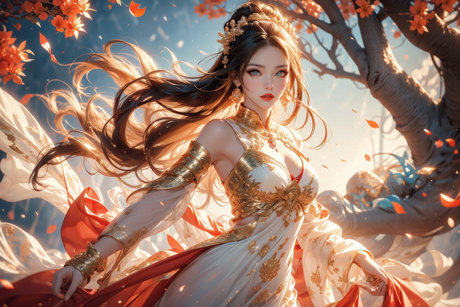 1girl, 23 year old Taiwanese beauty solo, long hair, ((gold hair)), Animation game art style, game CG picture, a girl looks at the camera,  with a graceful and elegant posture, stretching out her right hand to perform mystical arts, , perfect body, perfect legs, white dress, holding, jewelry, upper body, weapon, flower, earrings, sword, water, holding weapon, white dress, tree, petals, holding sword, chinese clothes,  beautiful sky  background ,flowers 