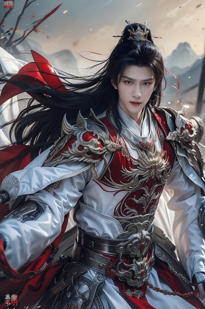 Male, SOLO, Chinese general, armor, long sword. In the chaotic battlefield, a general holds a long sword towards the camera, with a murderous look in his eyes, waving the sword towards the camera, focus, sense of speed, light effect,1guy,red armor , Warm colors, landscape , cowboy_shot