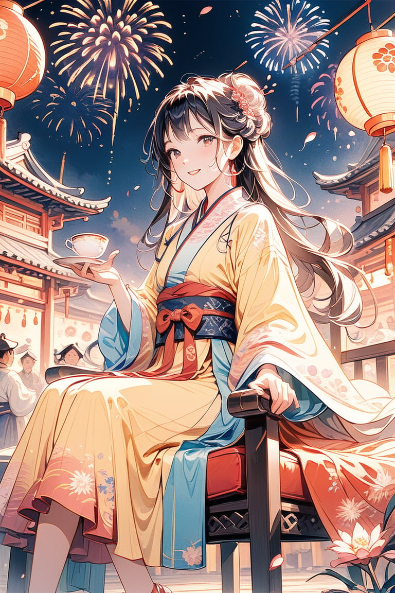 1girl, solo, A female general from ancient China, dressed in Hanfu, sits on a chair in an East Asian-style inn. Outside the window is a lively festival with lanterns, crowds, and fireworks lighting up the night. She has black hair, a confident smile, and bright eyes, looking directly at the camera. In the distant background, petals are floating. She holds a teacup in her hand.