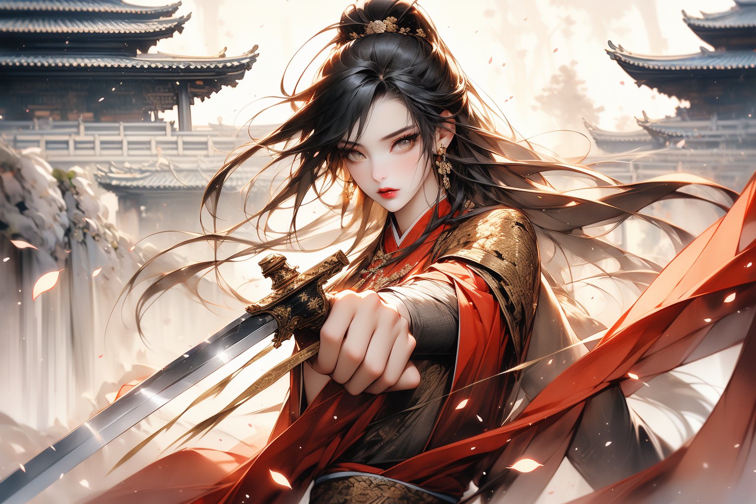 1girl, 25 year old Taiwanese beauty solo, long hair, ((gold hair)),  game CG picture, a girl looks at the camera, a fairy beauty from the Tang Dynasty in China, with a graceful and elegant posture , perfect body, perfect legs, dress, holding, jewelry, upper body, weapon, flower, earrings, sword, water, holding weapon, white dress, tree, petals, holding sword, chinese clothes, armor ,Hanfu,passionate fighting posture, beautiful background,