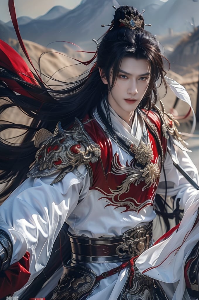 Male, SOLO, Chinese general, armor, long sword. In the chaotic battlefield, a general holds a long sword towards the camera, with a murderous look in his eyes, waving the sword towards the camera, focus, sense of speed, light effect,1guy,red armor , Warm colors, landscape , cowboy_shot