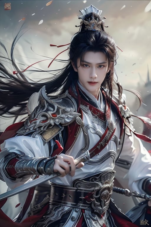 Male, SOLO, Chinese general, armor, long sword. In the chaotic battlefield, a general holds a long sword towards the camera, with a murderous look in his eyes, waving the sword towards the camera, focus, sense of speed, light effect,1guy,red armor