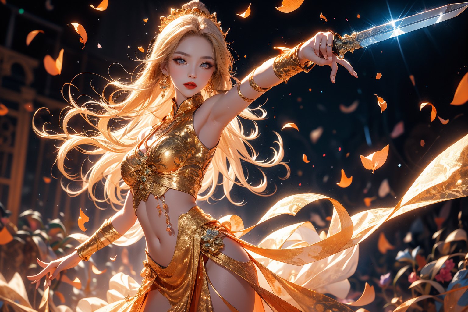 1girl, 23 year old Taiwanese beauty solo, long hair, ((gold hair)), Animation game art style, game CG picture, a girl looks at the camera,  with a graceful and elegant posture, stretching out her right hand to perform mystical arts, , perfect body, perfect legs, dress, holding, jewelry, upper body, weapon, flower, earrings, sword, water, holding weapon, white dress, tree, petals, holding sword, chinese clothes,  beautiful background