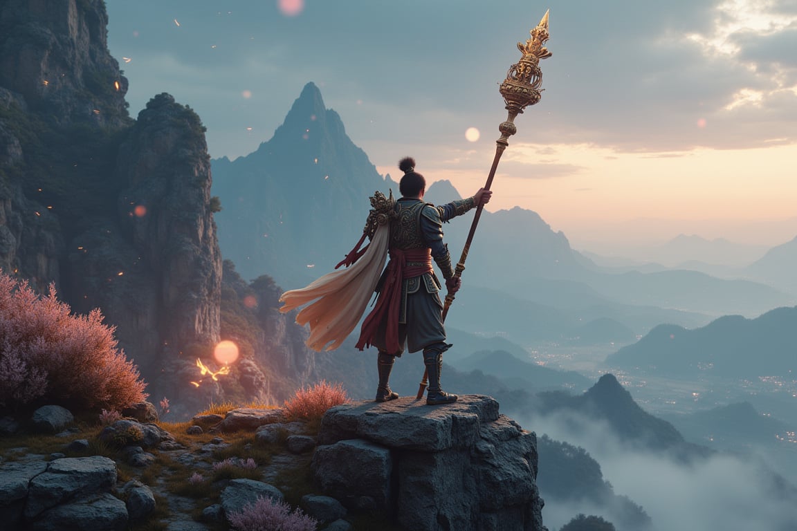 Wukong wields the mythic long staff weapon carved with ancient patterns, standing on top of mountain, cinematic, epic, radiating lights of various colors, Huaguoshan